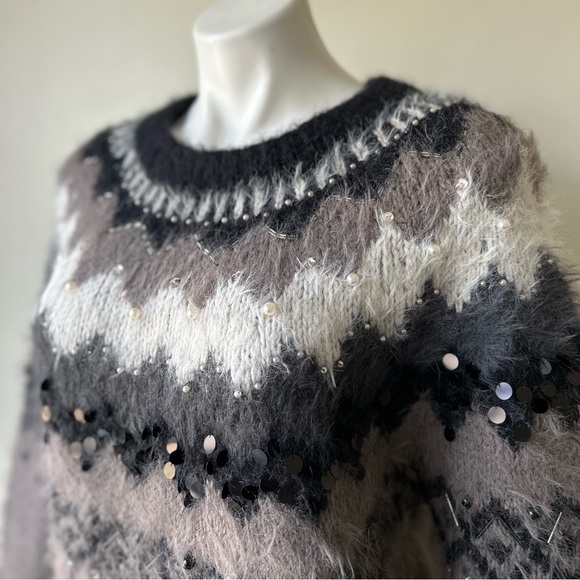 Anthropologie Sleeping On Snow Fuzzy Beaded Fair Isle Cashmere Blend Sweater, S - Picture 3 of 12
